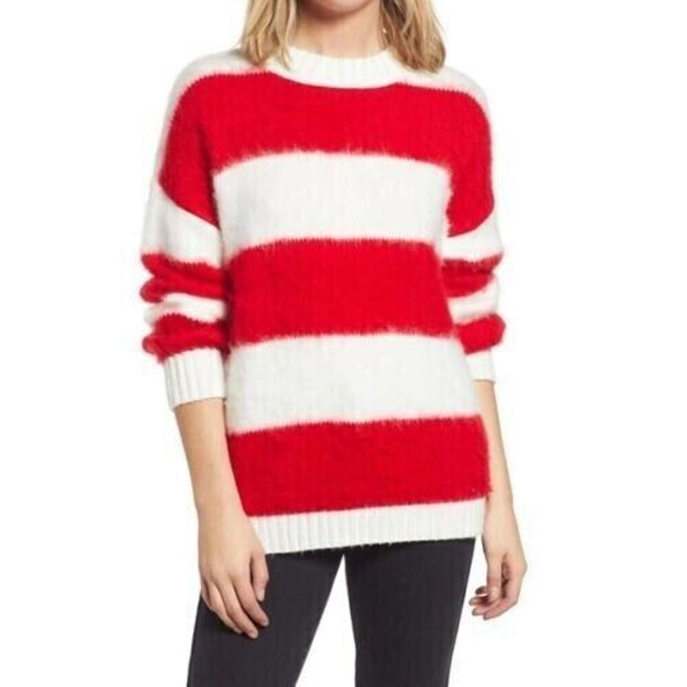 BP. Womens Oversized Brushed Pullover Sweater in‎ Ivory Red Ava Stripe 2XS $59